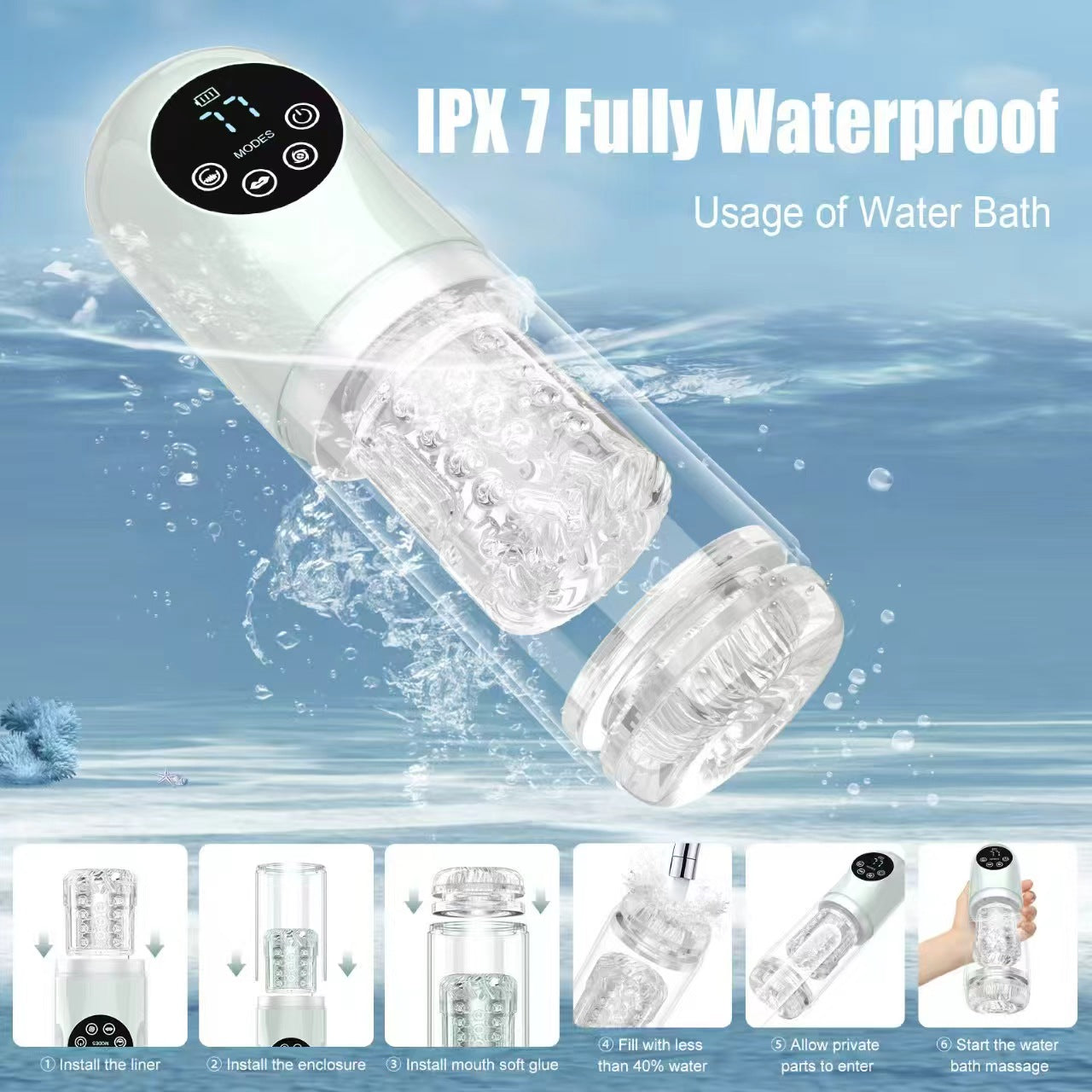IPX7 fully waterproof airplane cup — water-bath usage steps for safe cleaning and play (feature poster)