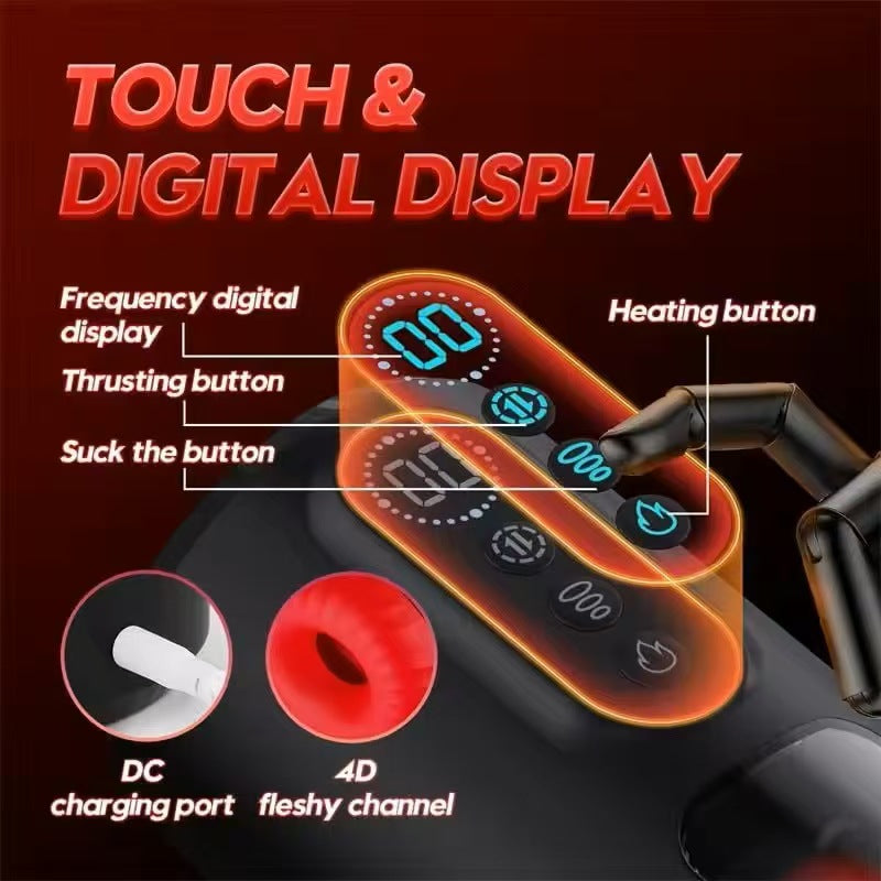 Automatic vibrating and thrusting masturbator shown upright with full design visible