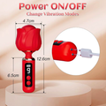 Rotary rose vibrator size & charging guide — power on/off, change vibration modes, and DC charging port close-up (12.6cm height, 4.7cm head)