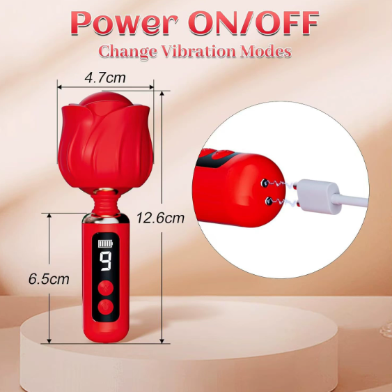 Rotary rose vibrator size & charging guide — power on/off, change vibration modes, and DC charging port close-up (12.6cm height, 4.7cm head)