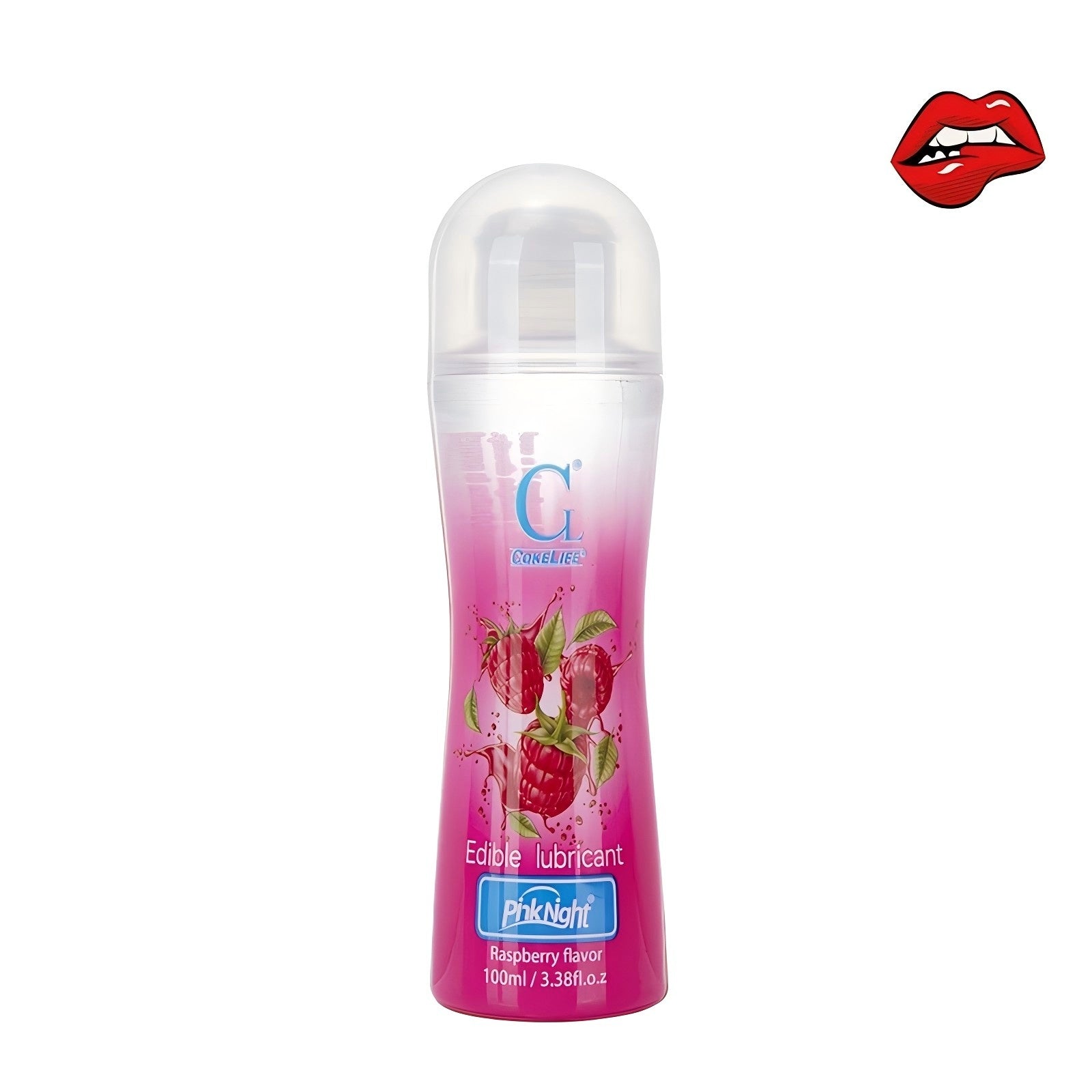 Lickable fruit-flavored lubricant bottle displayed upright