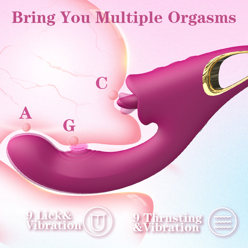 Tongue licking G-spot vibrator shown in full front view with curved design