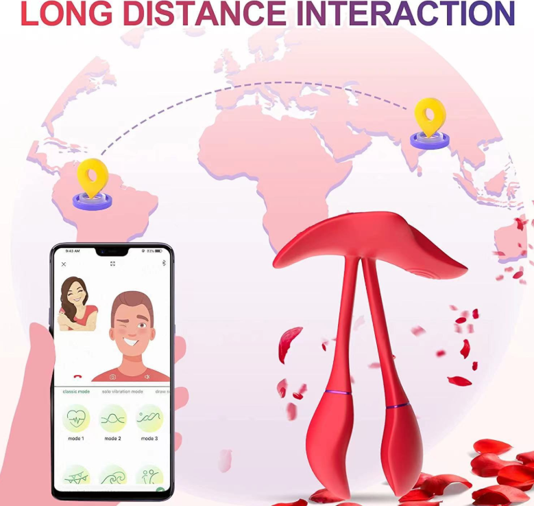 Fire Phoenix app-controlled vibrator — long-distance interaction feature poster with world map and app interface