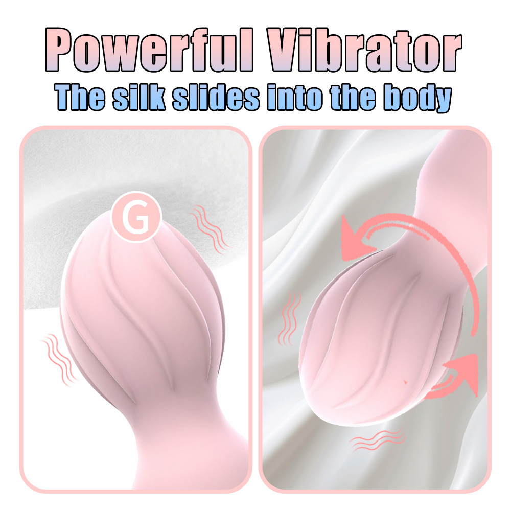 Powerful mini wand vibrator — smooth “silk slides into the body” stimulation graphic with wavy head close-ups