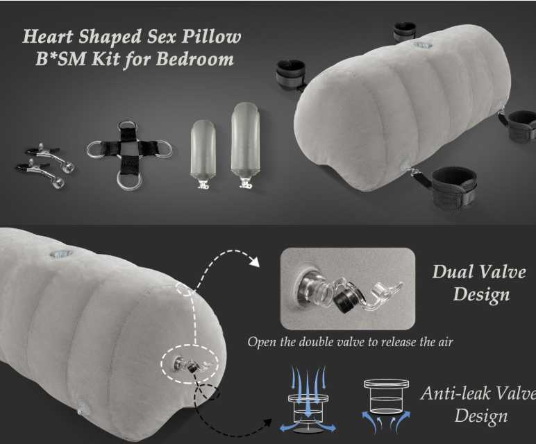 BDSM kit with heart pillow, cuffs, straps, and clamps displayed