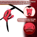 Red clitoral stimulator with text describing its features on a white background