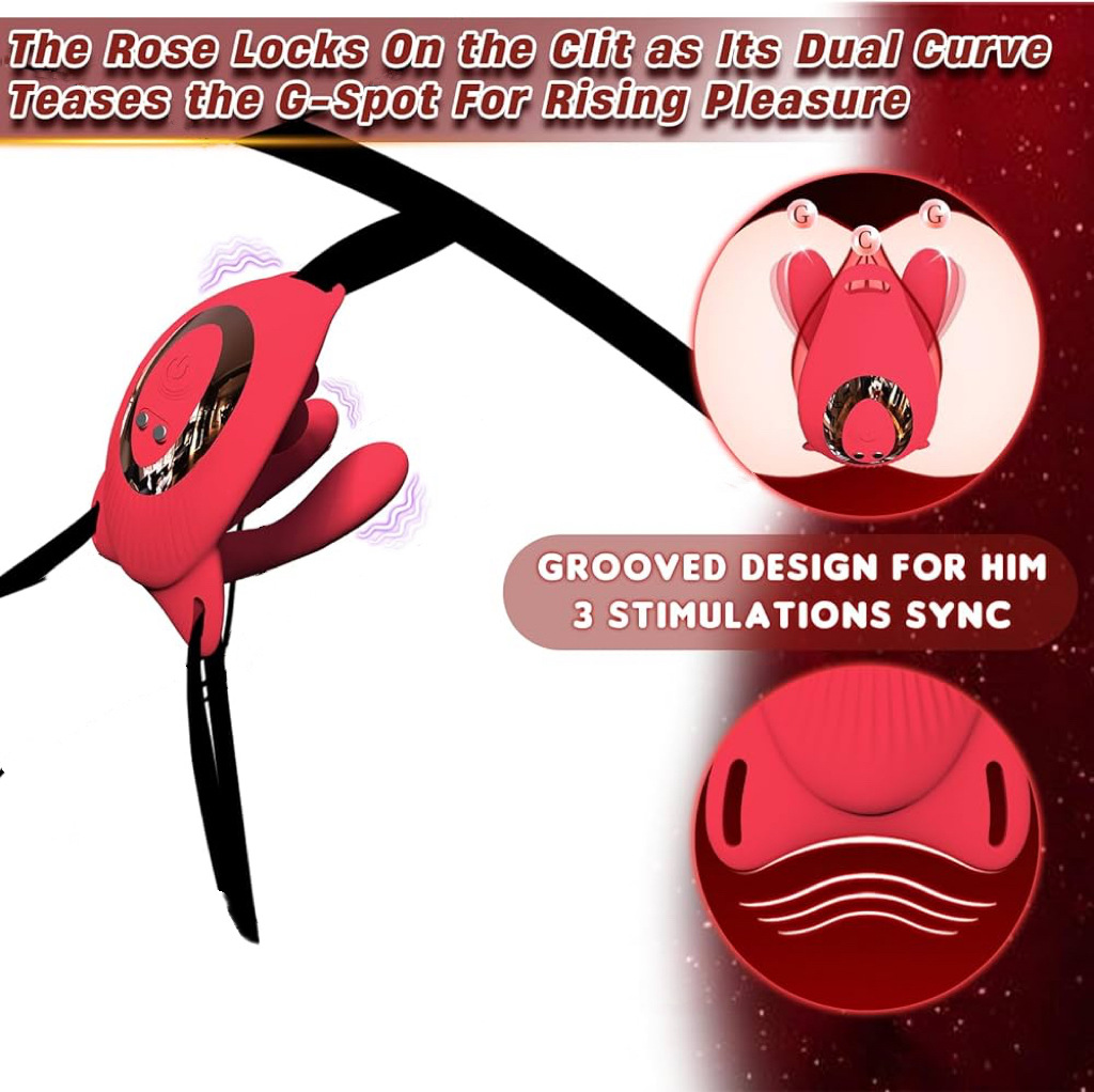 Red clitoral stimulator with text describing its features on a white background