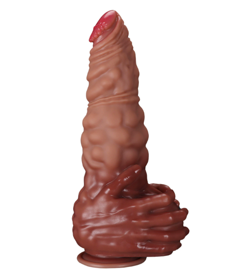 Muscle shaped hand grab dildo upright product photo — realistic textured shaft with hand-grip base and suction cup