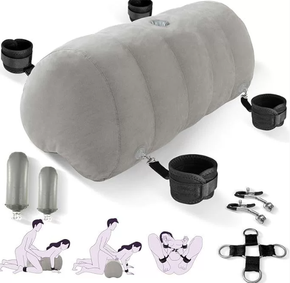 Heart Shaped Inflatable Bedroom Dildo ，Upsize Pillow with Bondage Cuffs, Cross Strap, Nipple Clamps BDSM Kit