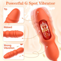 Powerful G-spot vibrator features — tip detail, ribbed shaft texture and strong vibration (cutaway motor graphic)