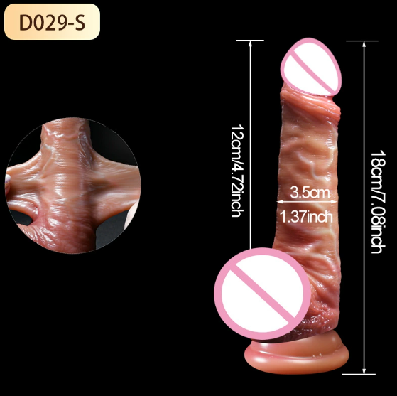 Realistic movable foreskin dildo shown in full front view