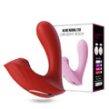 Pink suction vibrator displayed with charging cable and packaging
