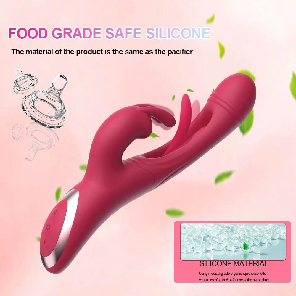 Rabbit vibrator displayed flat showing dual stimulation arms clearly