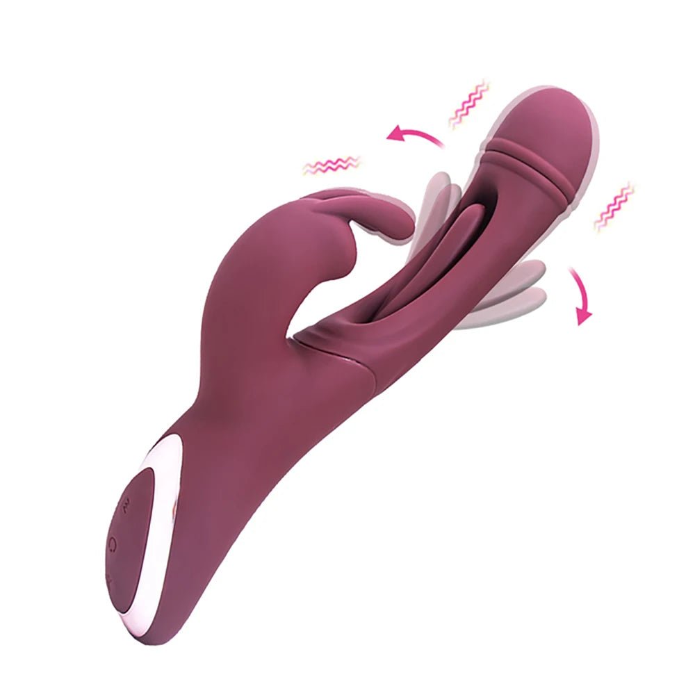 Rabbit vibrator shown standing upright with dual motors visible