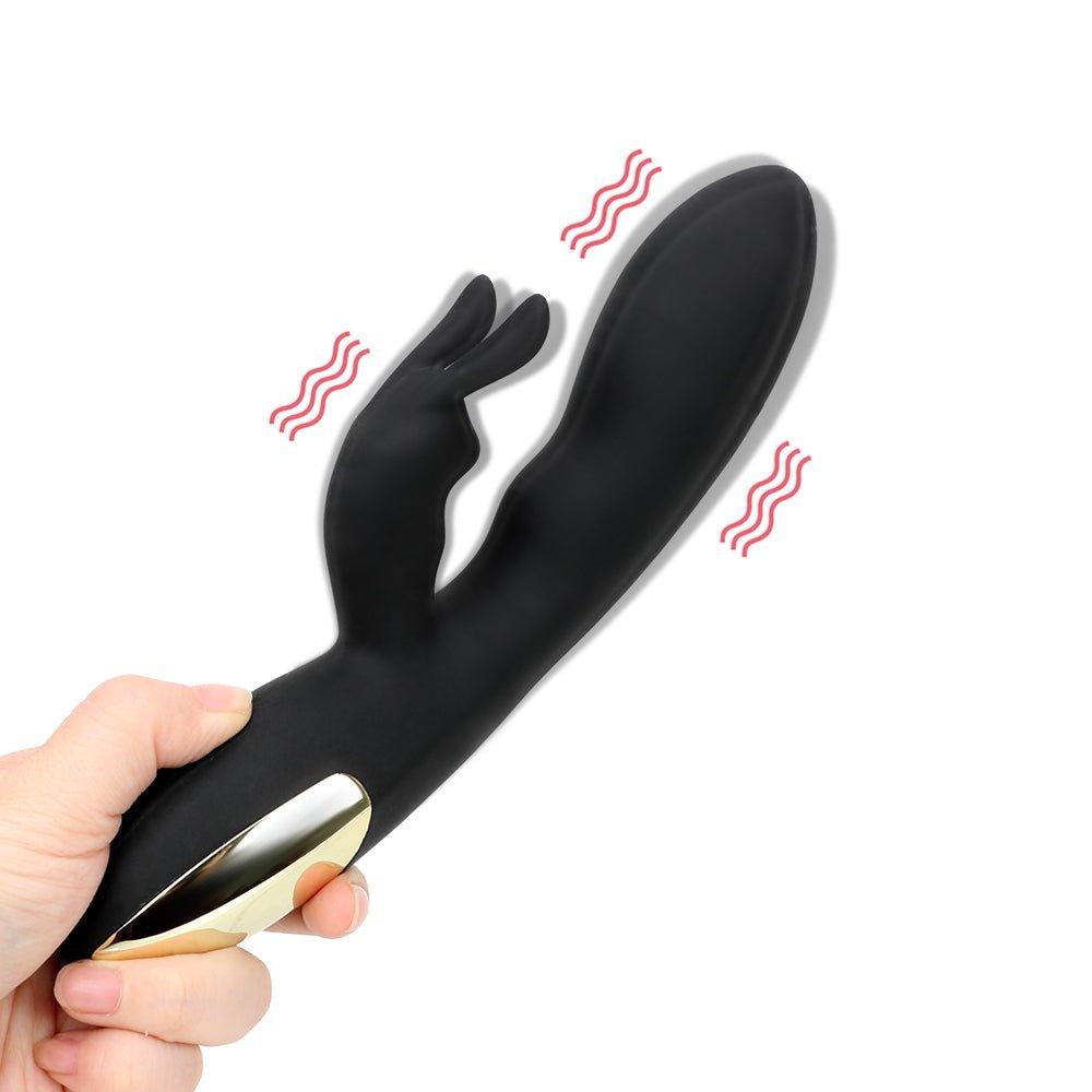 G-spot silicone rabbit vibrator shown in full front view with dual arms