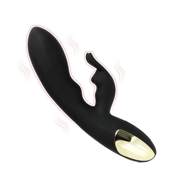 G-spot silicone rabbit vibrator shown in full front view with dual arms