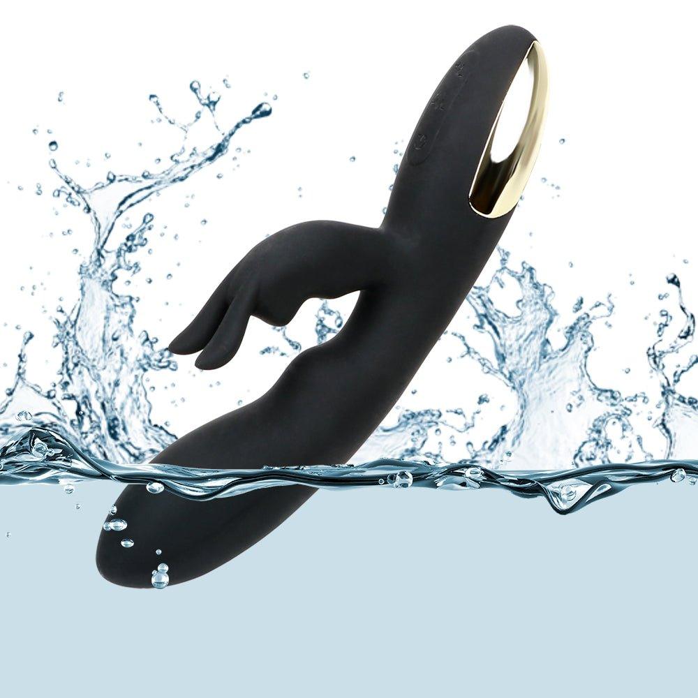 Dual-stimulation silicone rabbit vibrator displayed from angled top view