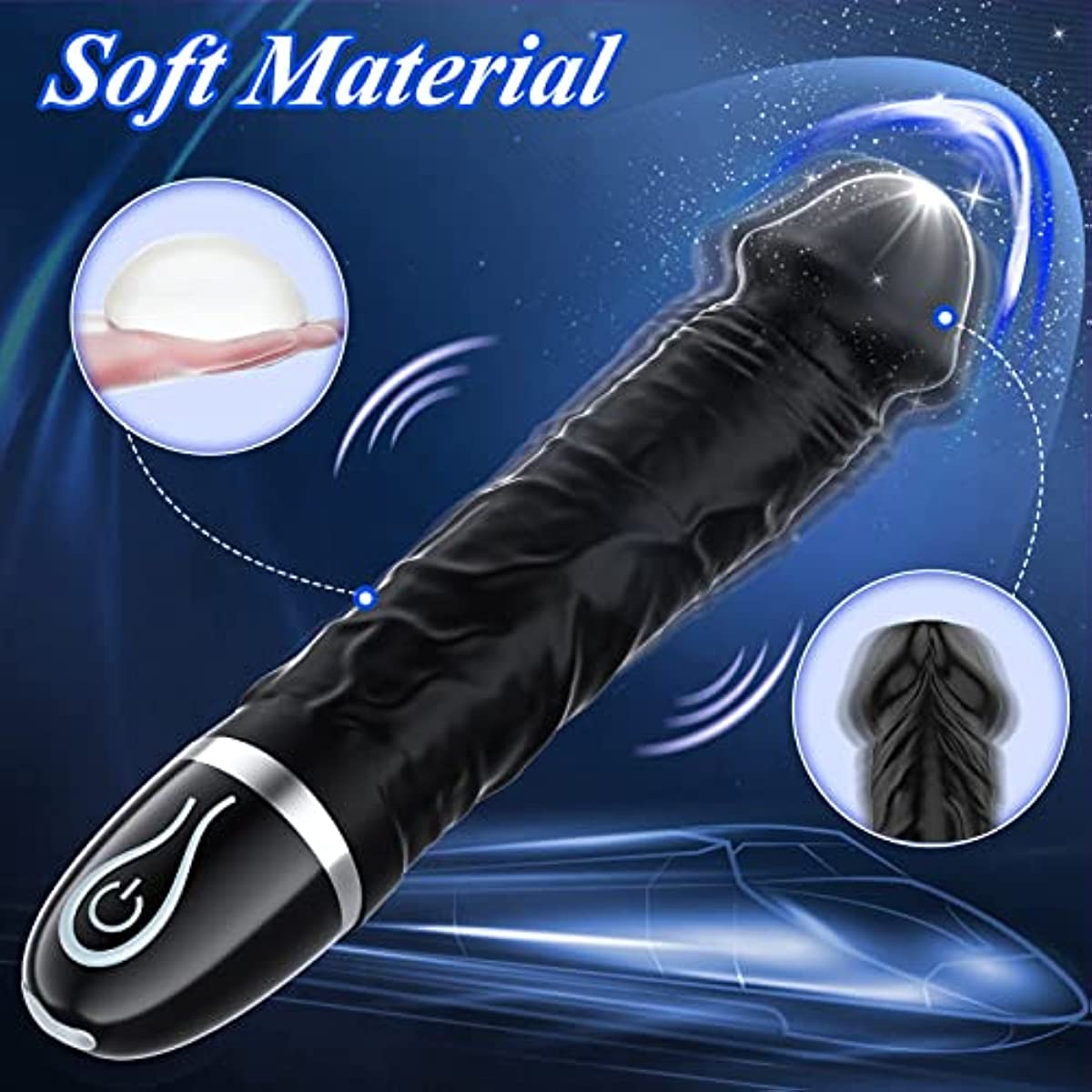 Vibrator dildo with control buttons illustrating multiple vibration intensities.
