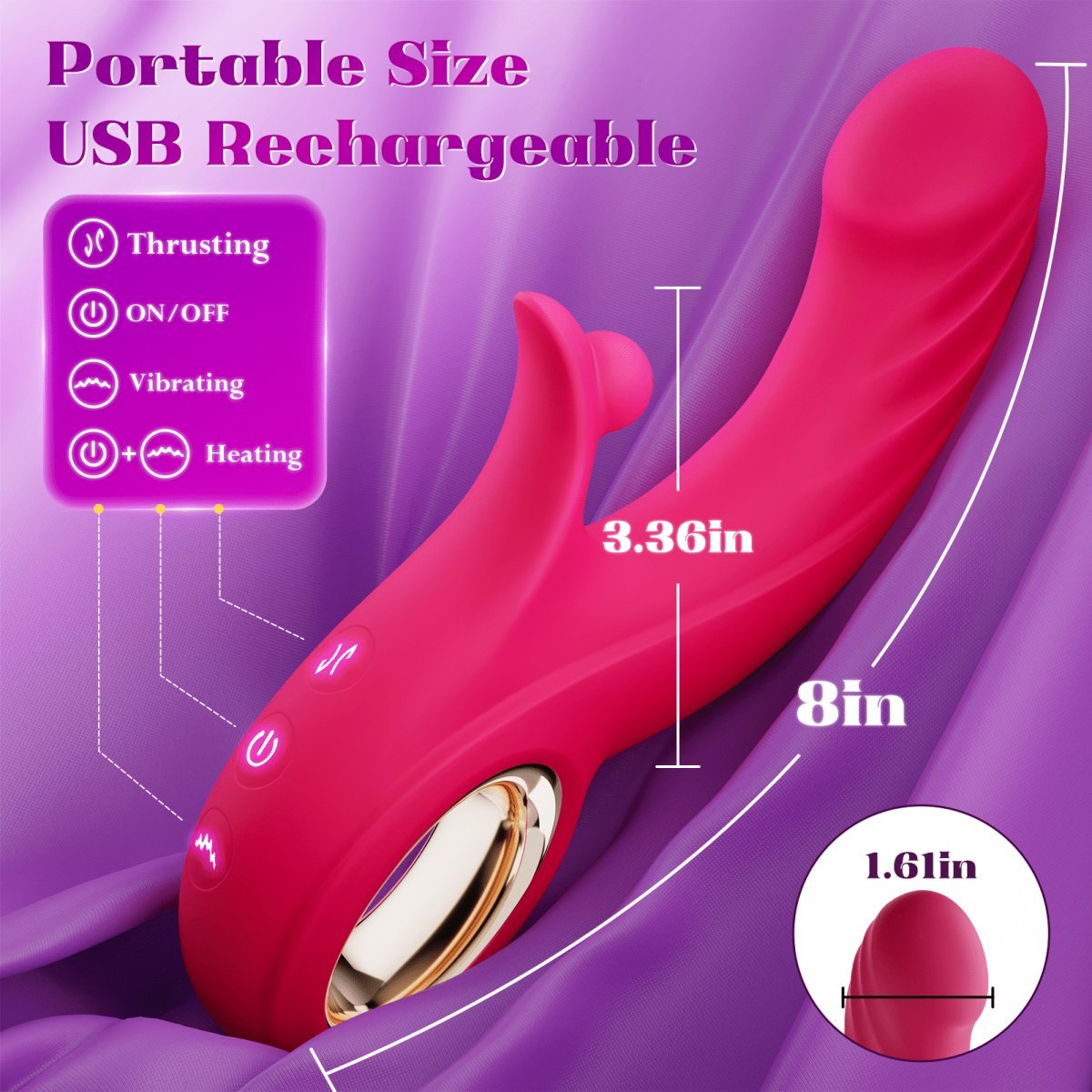 Heating and vibrating sex toy highlighting power button and metal head