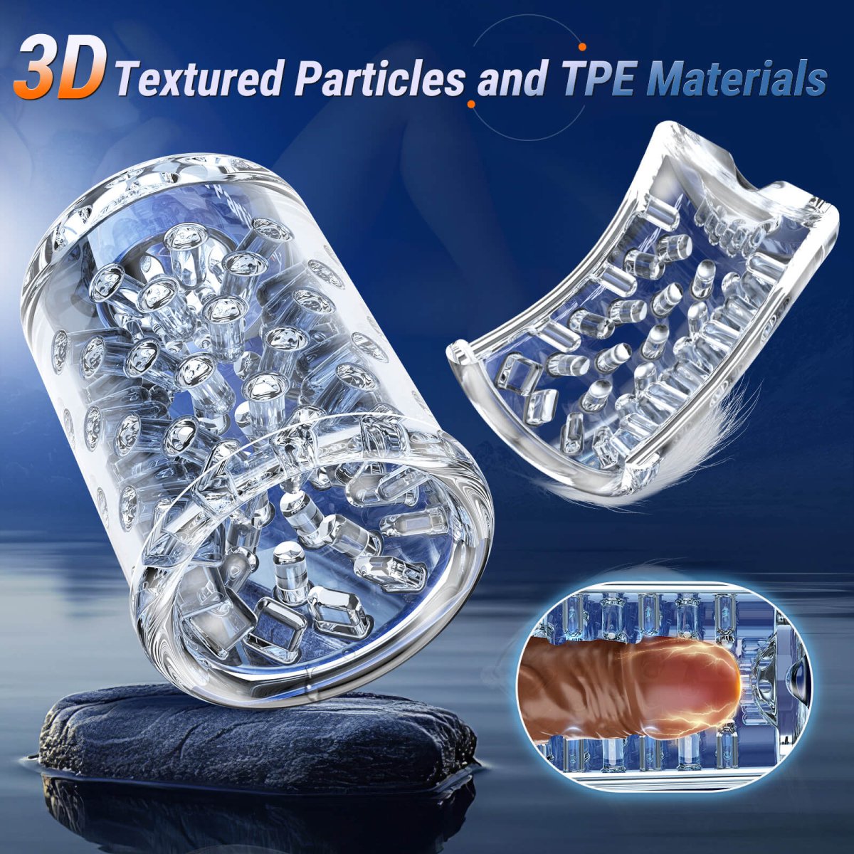 Automatic male sex toy shown upright with clear chamber and motor base