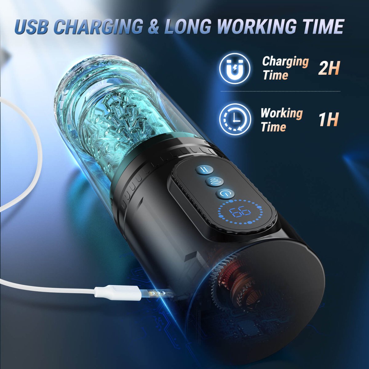 Automatic telescopic and rotating male sex toy shown with full product layout