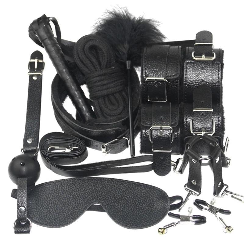 Leather restraints and flogger displayed with detailed stitching visible