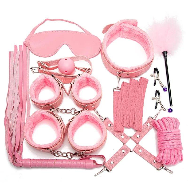 Close-up of BDSM handcuffs with padding and adjustable buckles