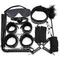 Bondage gear set featuring leather straps, clips and whip accessories