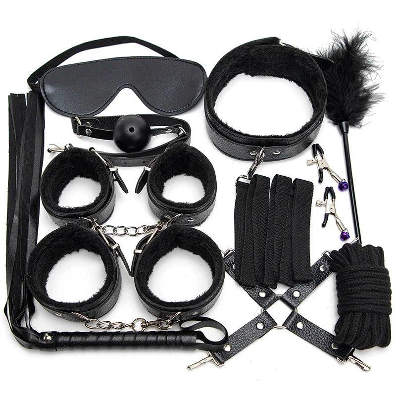 Bondage gear set featuring leather straps, clips and whip accessories