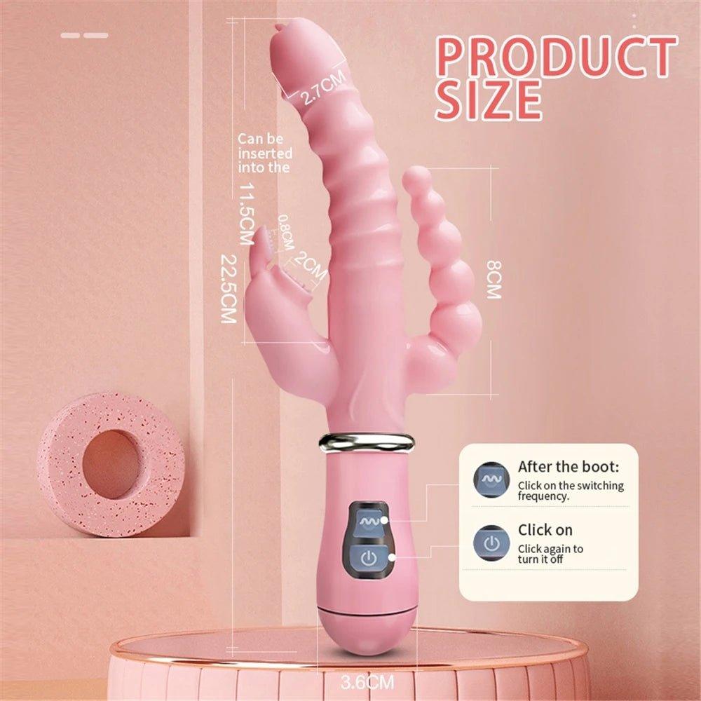 Rabbit vibrator displayed upright showing full multifunction design
