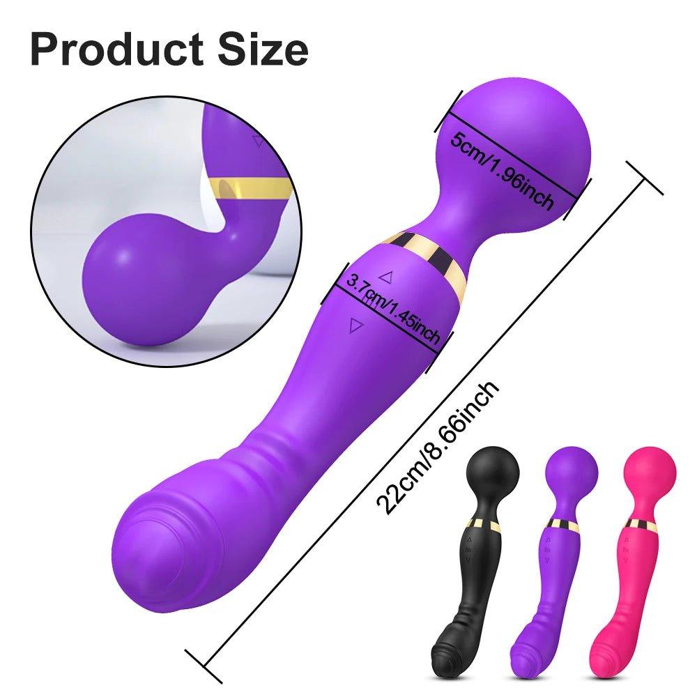 USB-rechargeable wand massager displayed with charging cable and accessories.