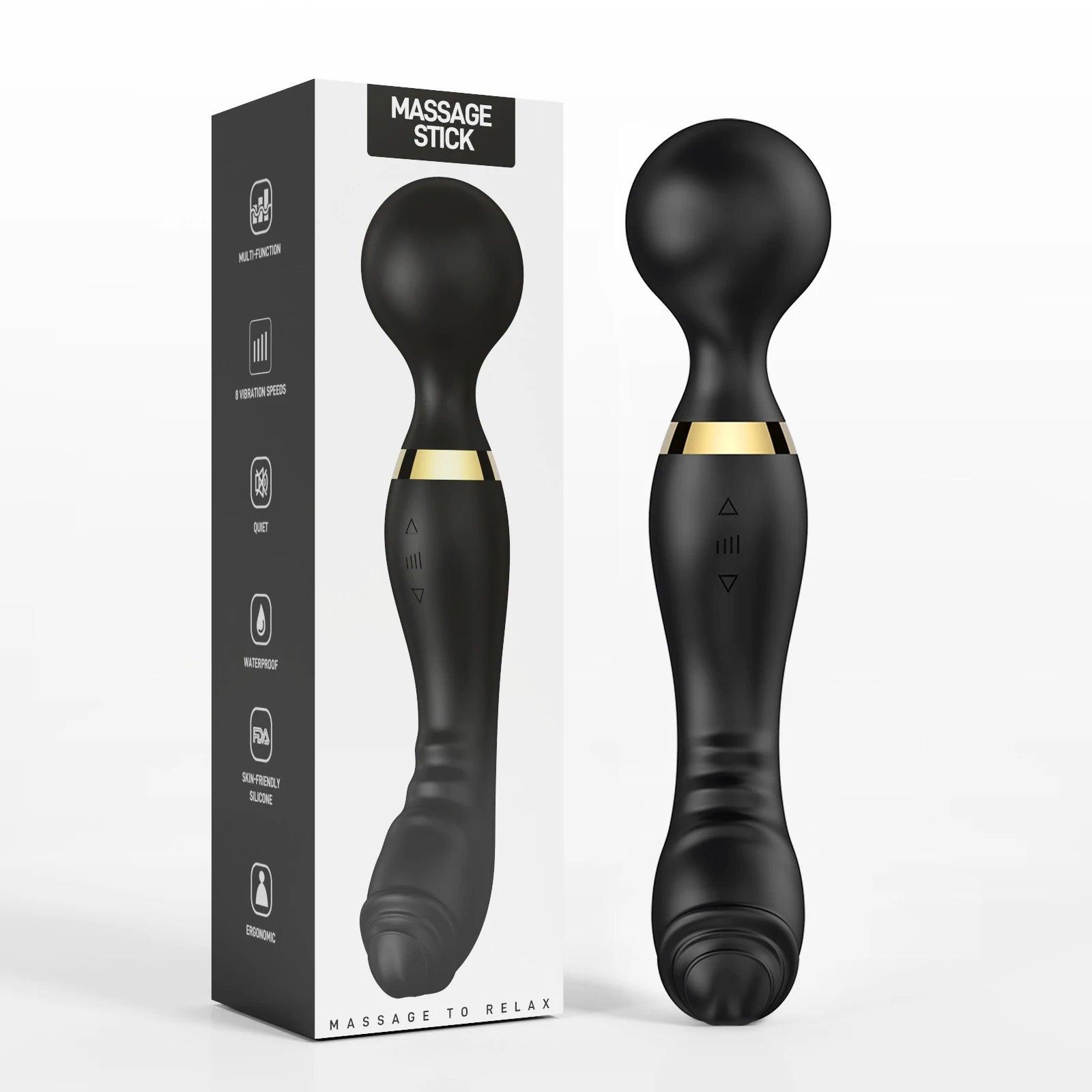 Portable wand massager displayed with mode icons for adjustable speed settings.