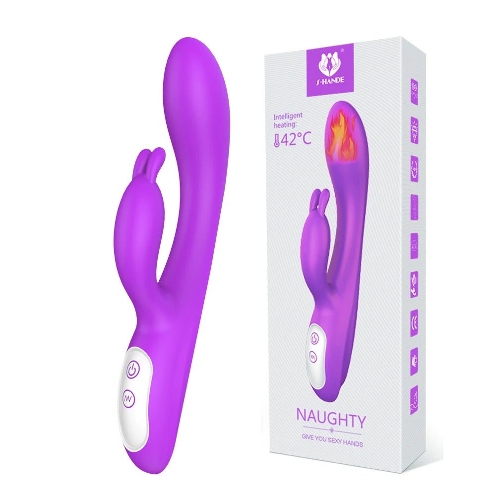 Dual-stimulation vibrator shown from angled perspective