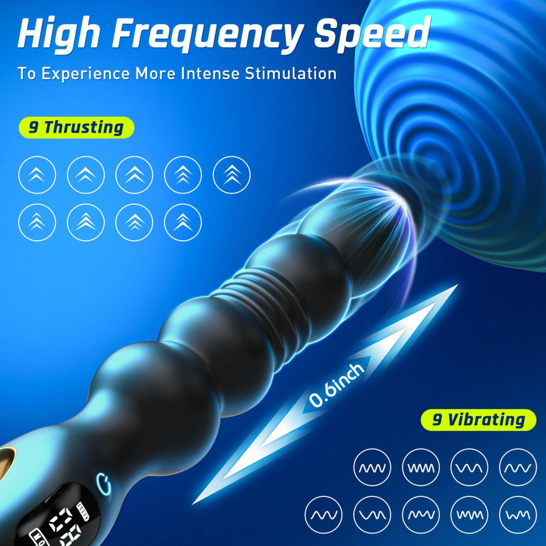 Potiphar thrusting and vibrating anal vibrator shown in full front view