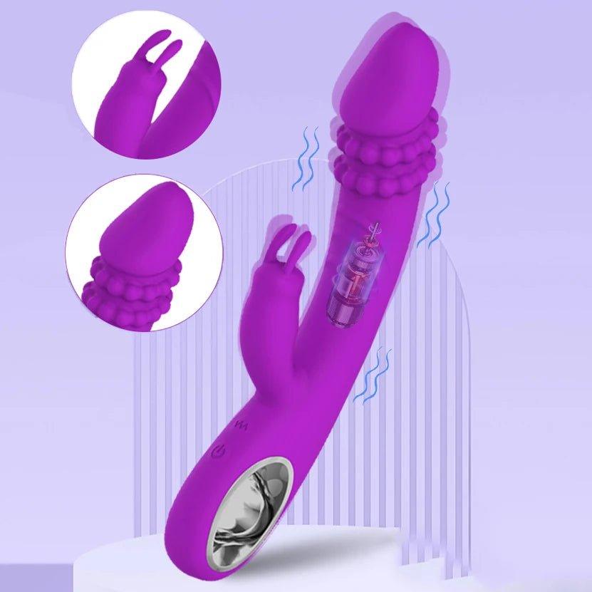 Powerful rabbit vibrator shown in full front view with dual stimulators