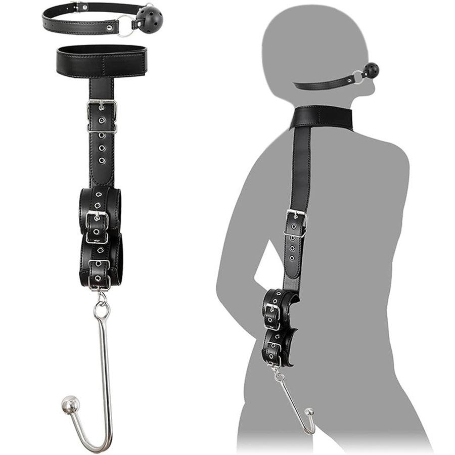 Premium leather BDSM anal hook shown in full front view with straps