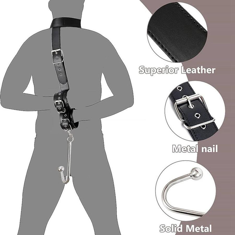 Side angle of leather bondage harness highlighting steel anal hook