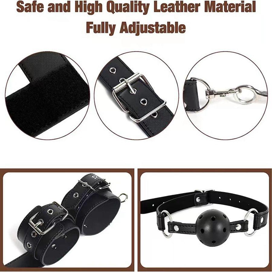 Leather restraint harness displayed flat with adjustable buckles