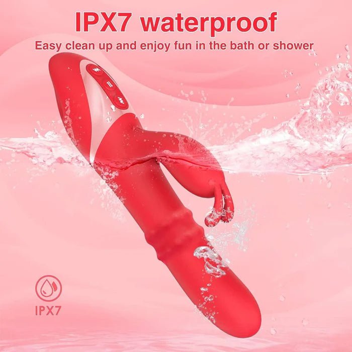 Waterproof rabbit vibrator shown splashing in water to highlight water-resistant design.