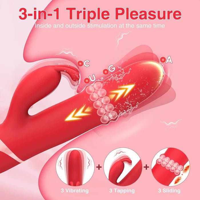 Side view of the rabbit vibrator with thrusting shaft and flexible clitoral arm.