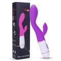 Rabbit vibrator shown on white background with accessories