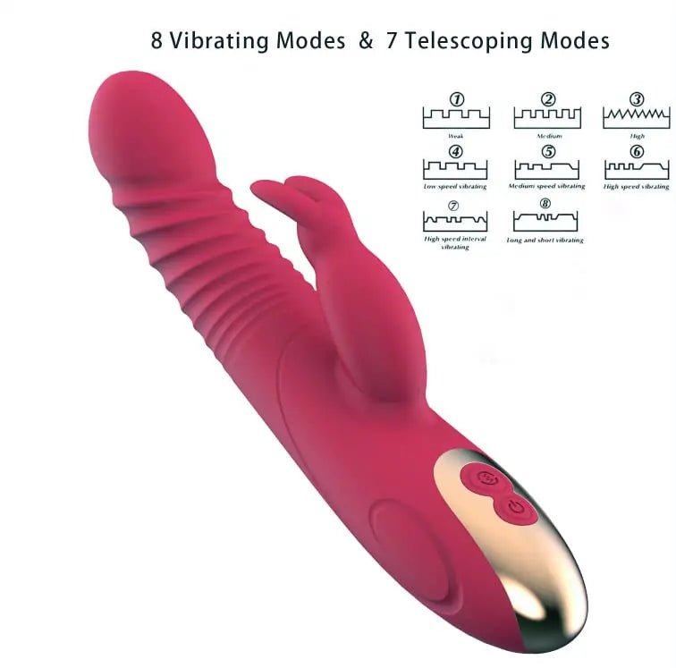 Thrusting rabbit vibrator shown in full front view with dual stimulators