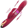 Thrusting rabbit vibrator shown in full front view with dual stimulators