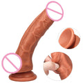Side angle of lifelike thrusting dildo highlighting textured silicone shaft