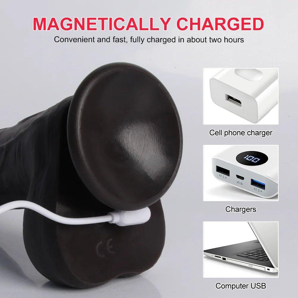 Vibrating dildo displayed on white background with wireless controller