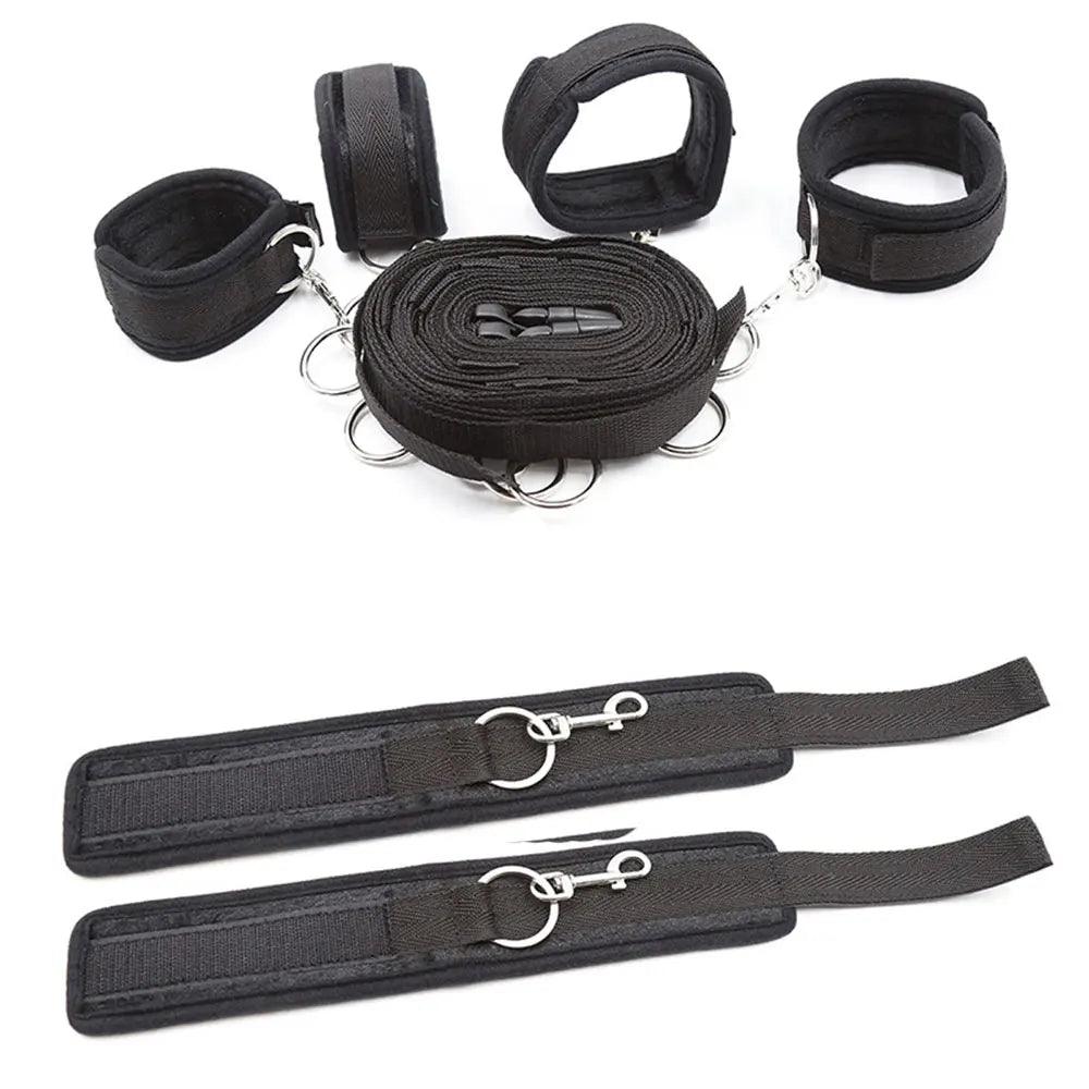 Soft padded bondage cuffs displayed from side angle with connecting straps