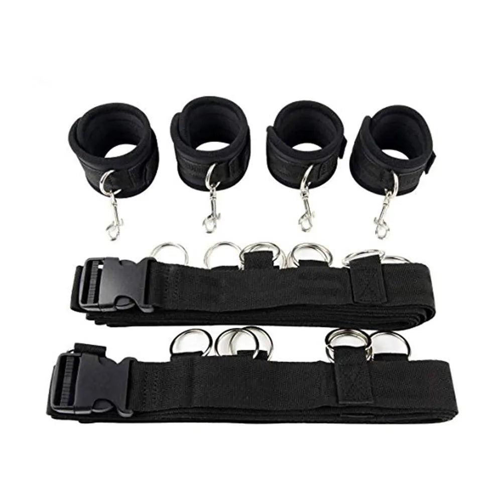 Handcuffs and ankle cuffs displayed with durable straps