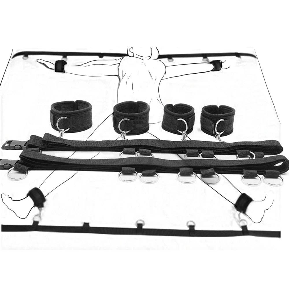 Handcuffs and ankle cuffs shown together highlighting adjustable buckles