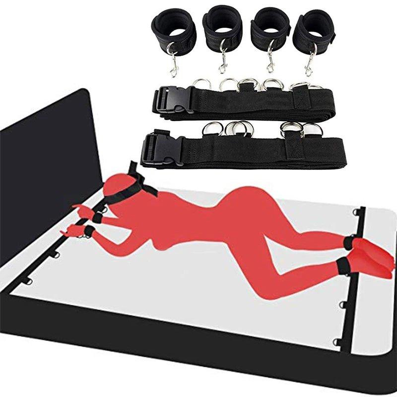 BDSM restraint set with handcuffs and ankle cuffs shown in full layout