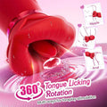 USB-rechargeable rose licking vibrator shown with charging cable and soft silicone body.